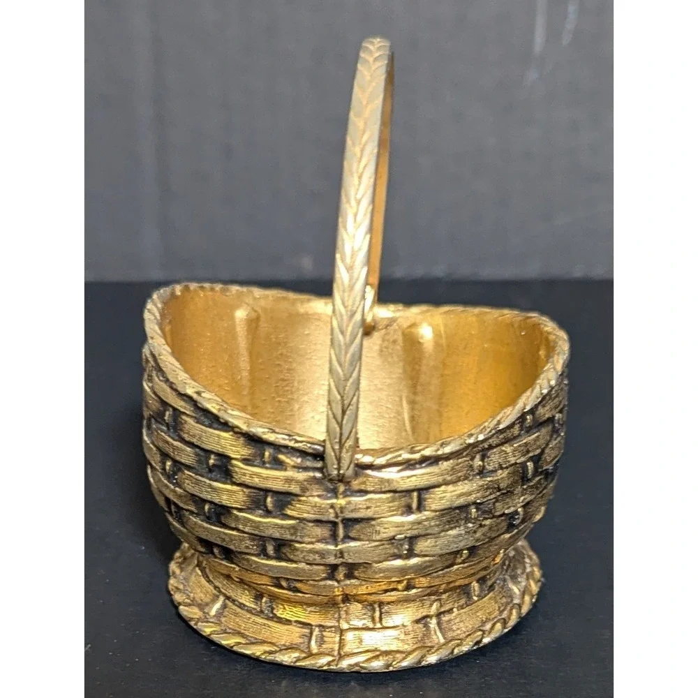 Vintage Solid Brass Woven Basket With Braided Handle Original Felt Bottom 3.75